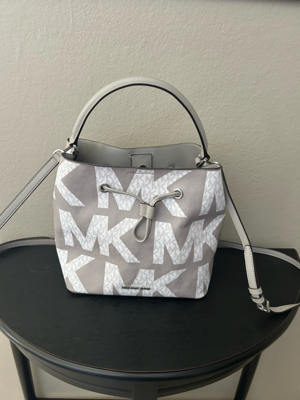 Michael Kors Light Gray MK Logo Drawstring Shoulder Tote - Picture 2 of 15